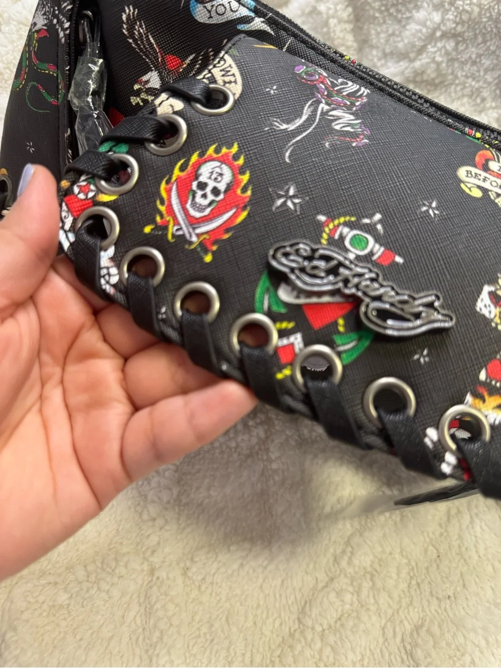 Ed Hardy Black Multicolor Tattoo-Print Crossbody Bag with Grommet Trim